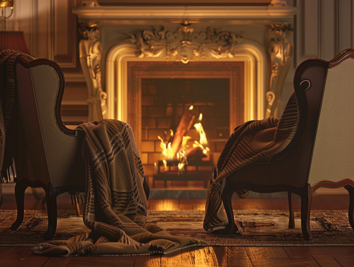 Two chairs by fireplace