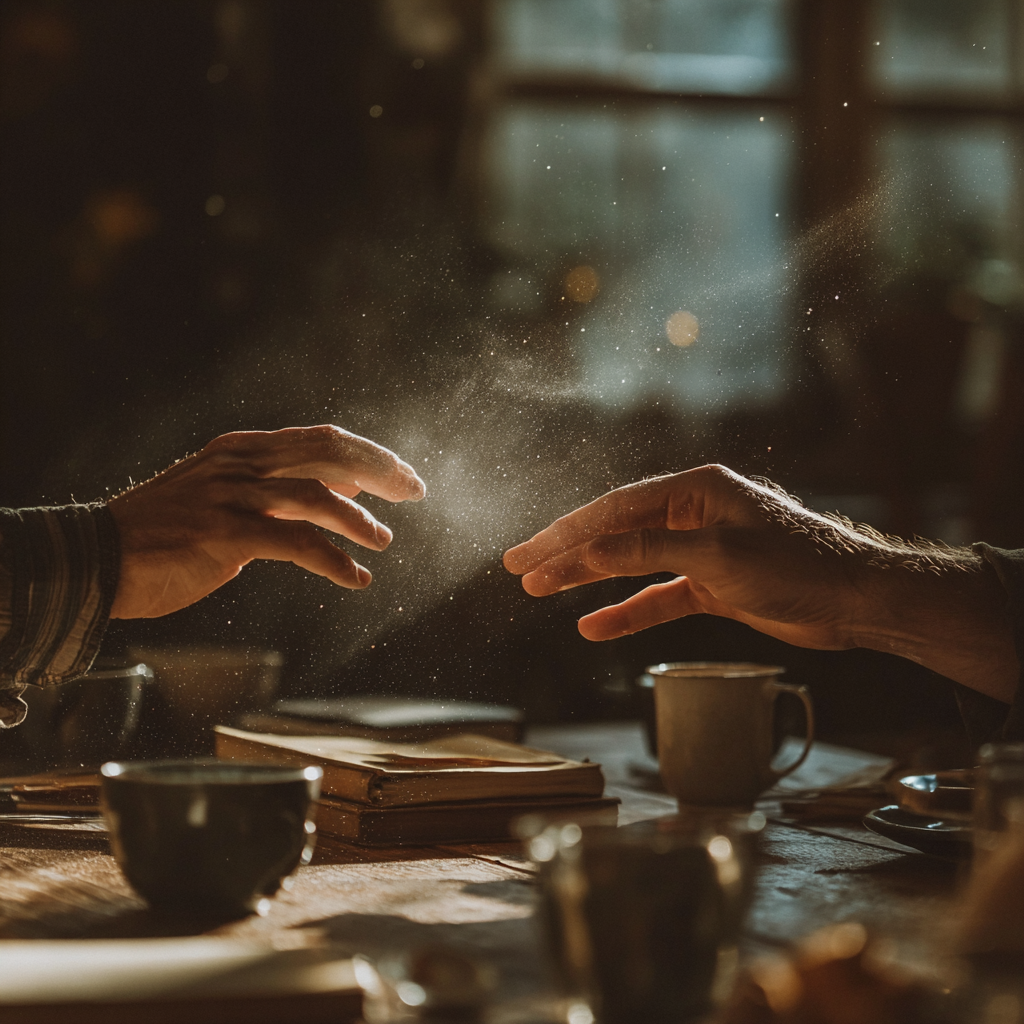 Hands almost touching across table