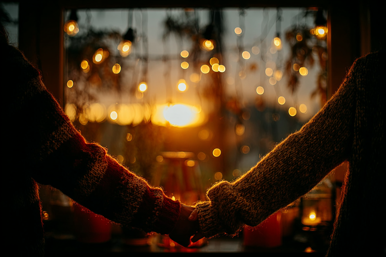 Couple holding hands in cozy sweaters