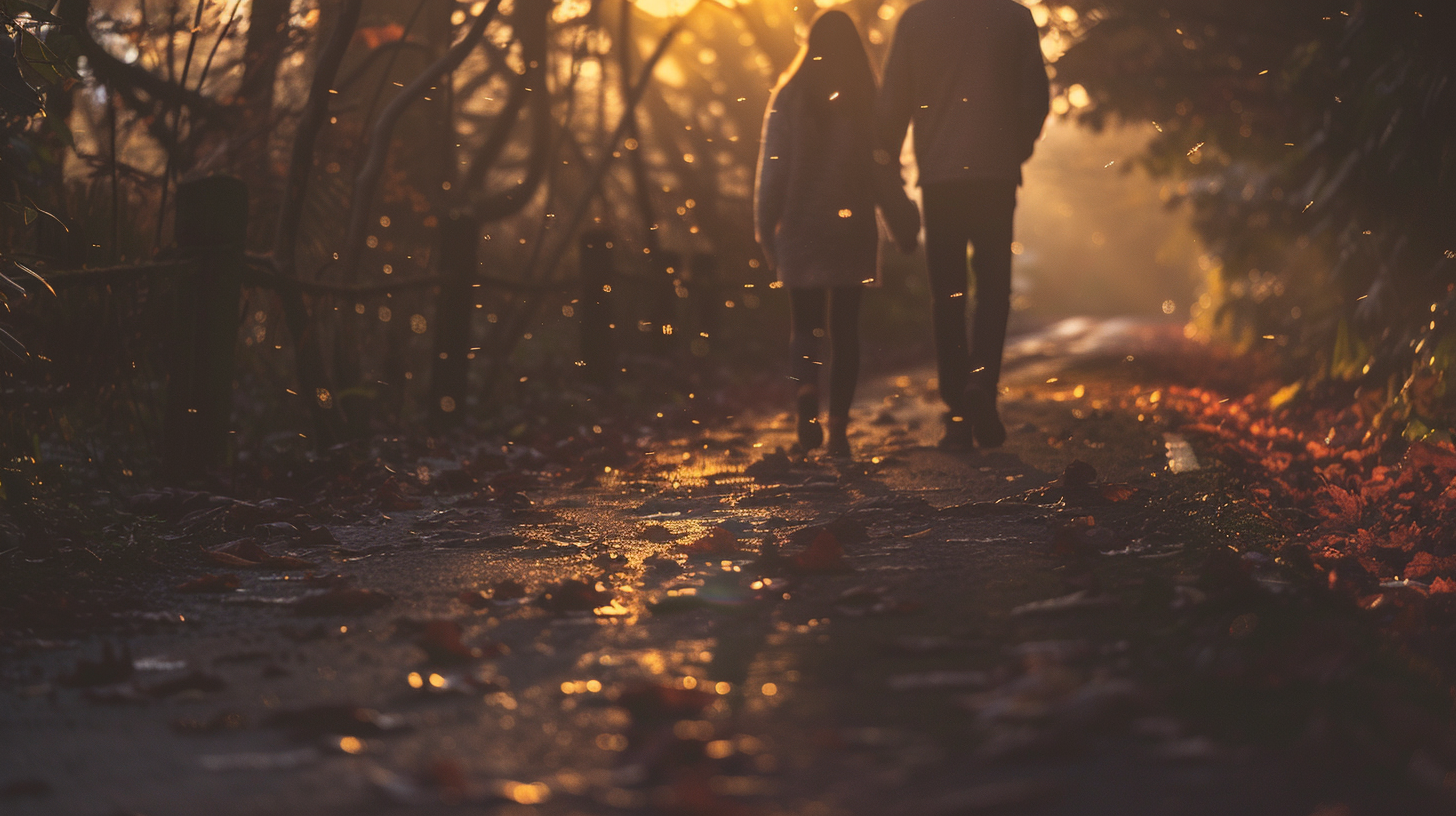 Couple walking on tree-lined path